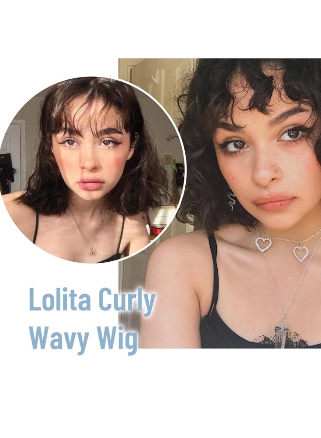 CLENEA Short Black Bob Wig With Bangs Synthetic Natural Hair Wigs for Women Wavy Shoulder Length Wig Water Wave - Image 3